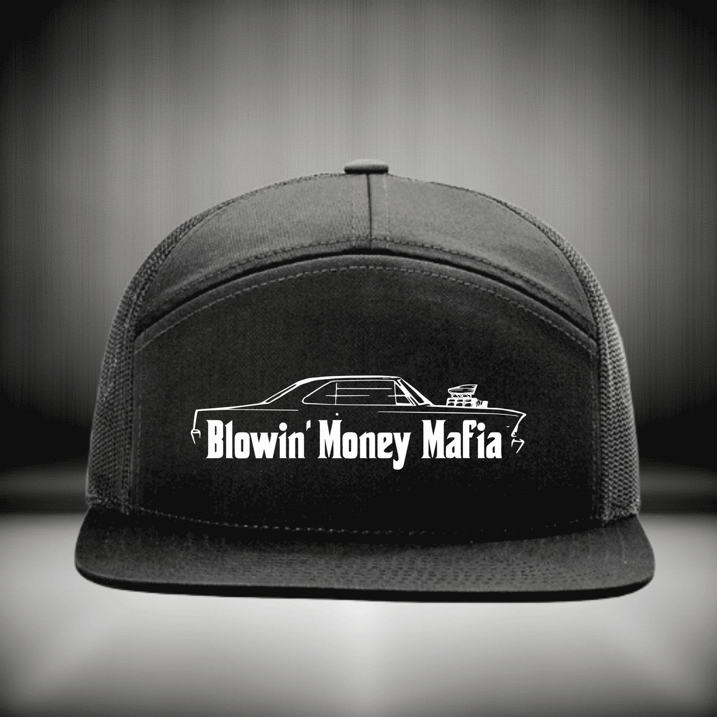 Car Logo- Middle- Black Richardson 168 7-Panel Trucker