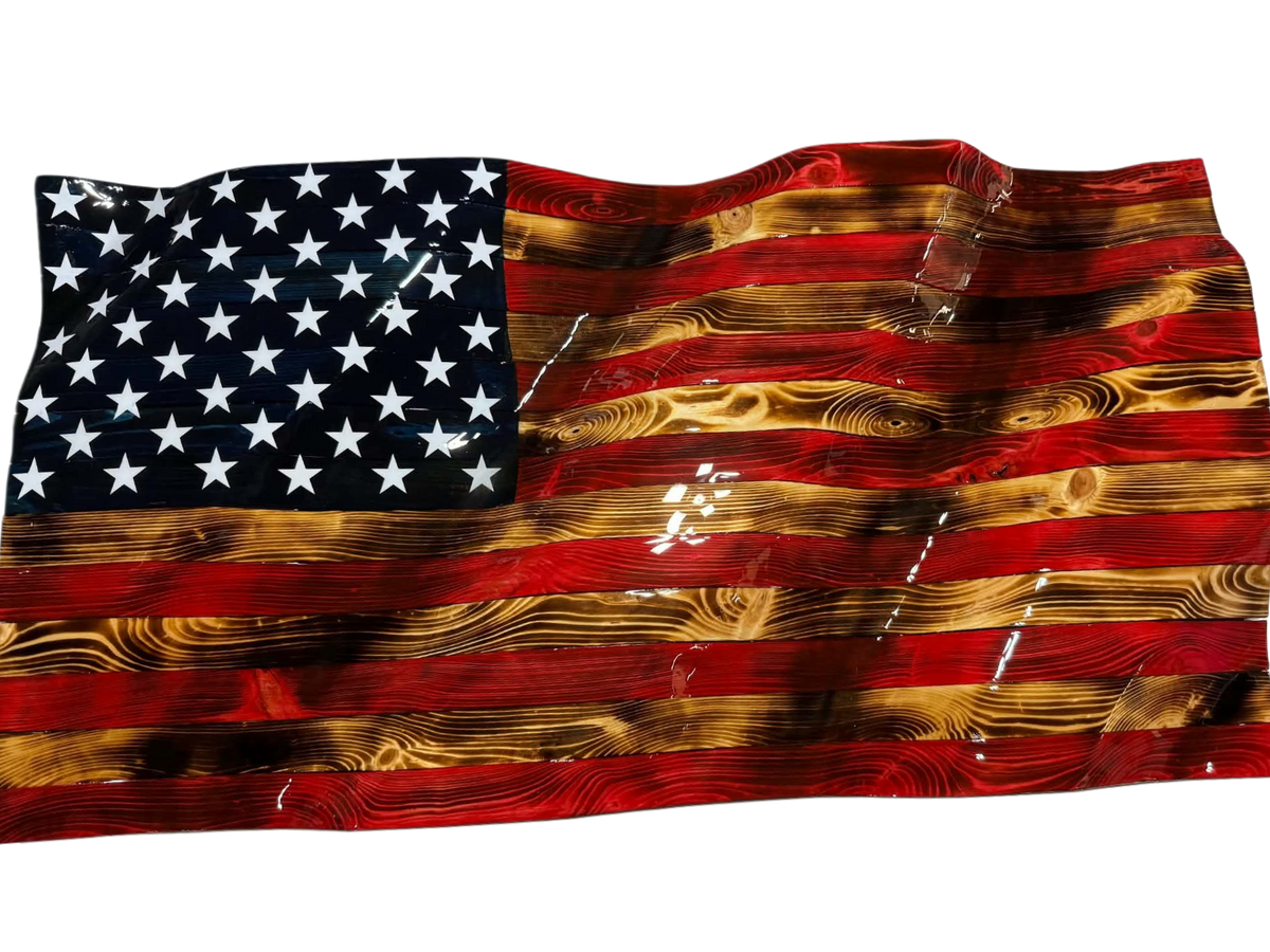 Hand Crafted Wooden Wavy American Flag RWB