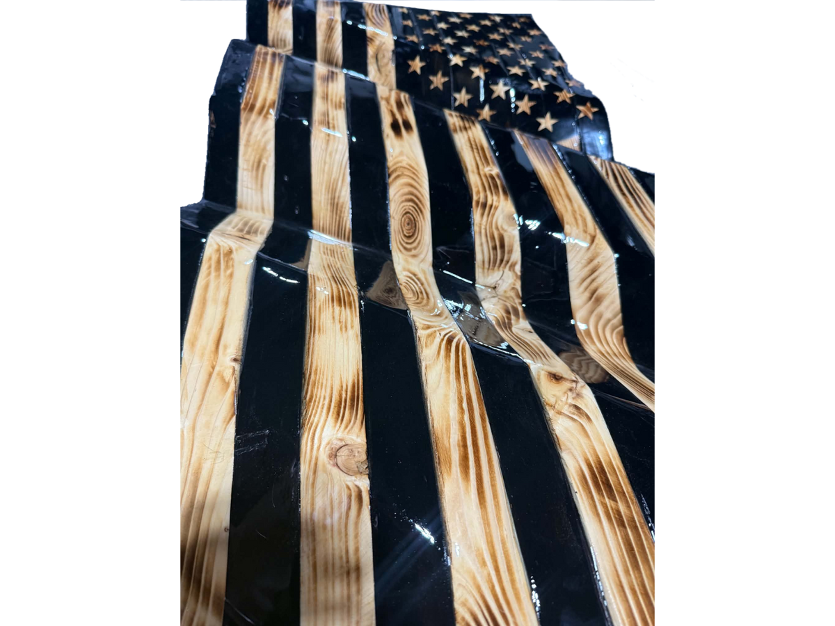 Hand Crafted Wooden Wavy Black American Flag
