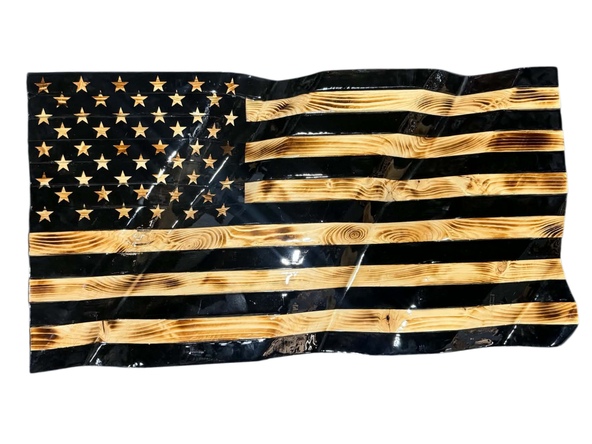 Hand Crafted Wooden Wavy Black American Flag