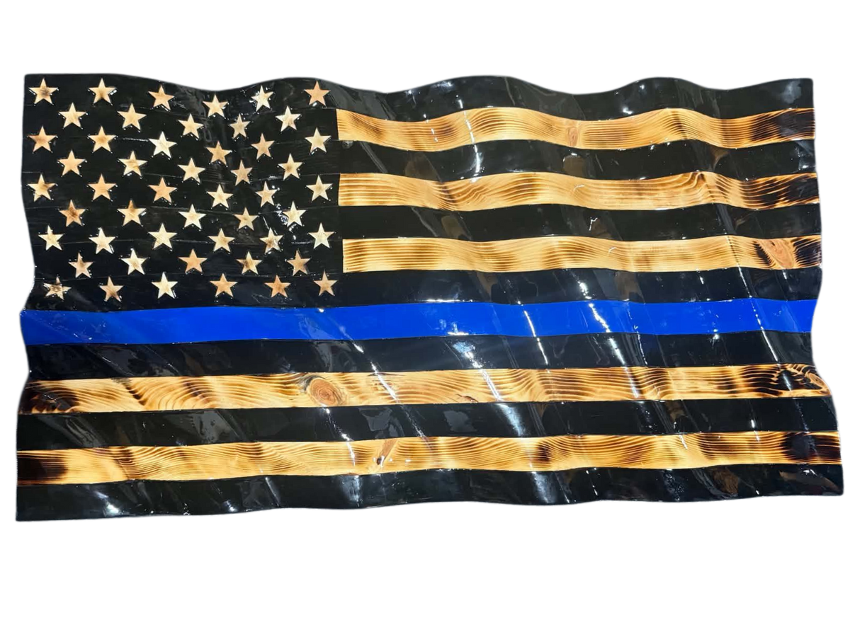 Wooden Wavy Blue Line American Flag - Police w/ 3D STARS
