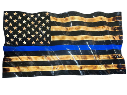 Wooden Wavy Blue Line American Flag - Police w/ 3D STARS