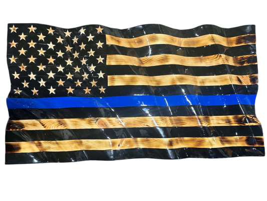 Wooden Wavy Blue Line American Flag - Police w/ 3D STARS