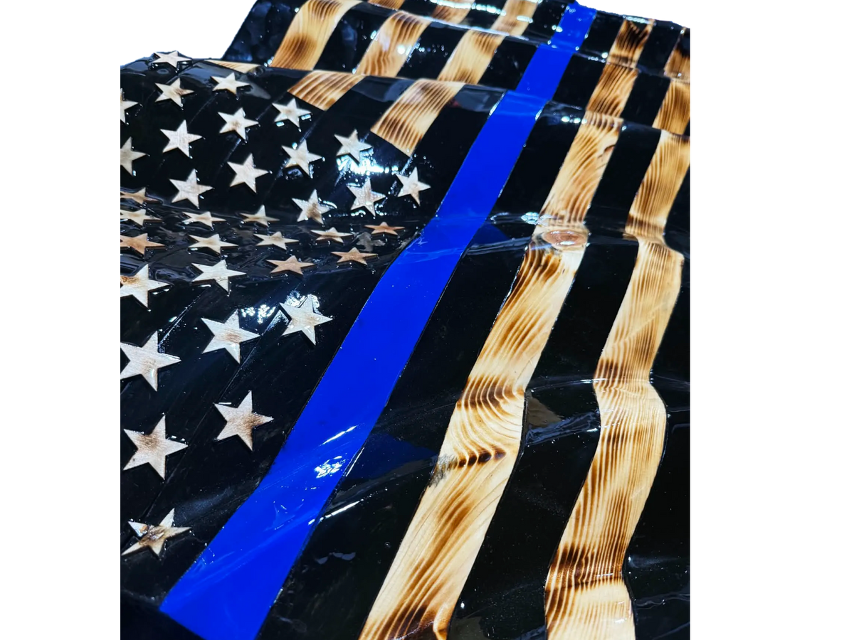 Wooden Wavy Blue Line American Flag - Police w/ 3D STARS