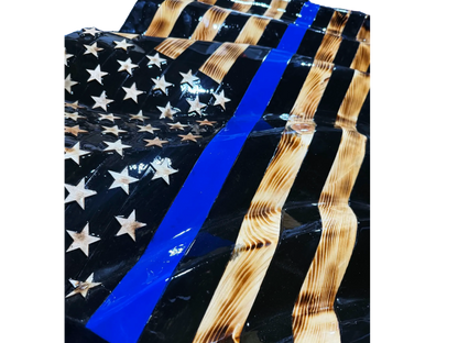 Wooden Wavy Blue Line American Flag - Police w/ 3D STARS